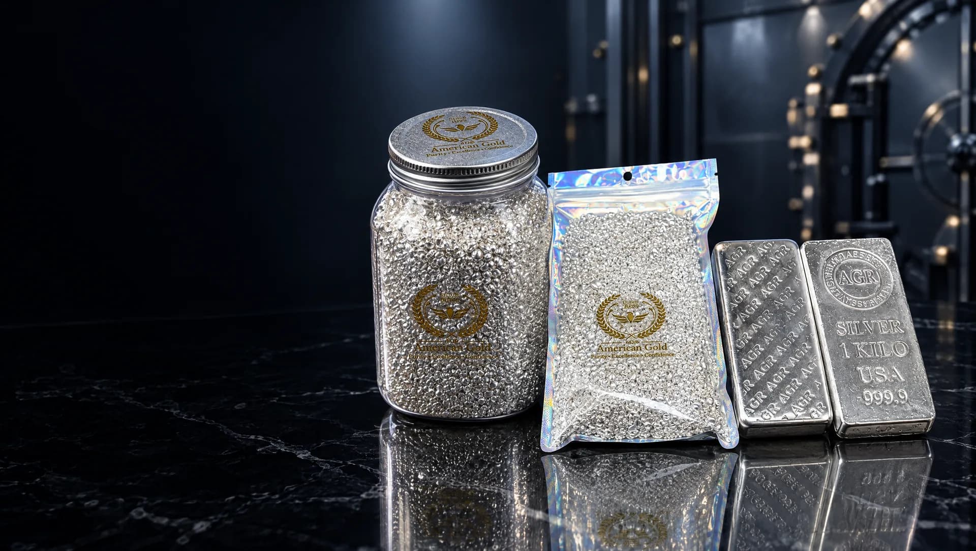 AGR silver grain jar and bag next to AGR 1-kilo silver bars